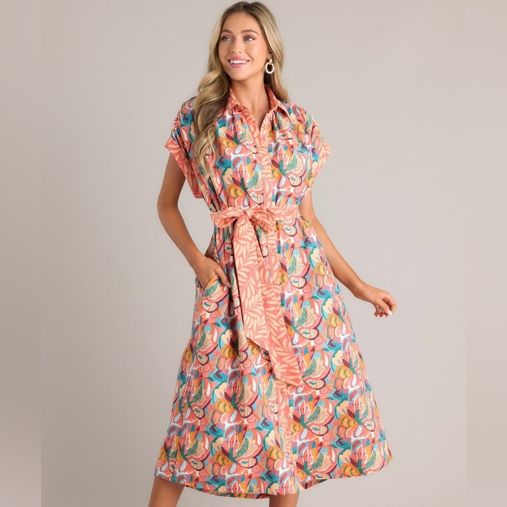 AURA‎ JUST A FEELING CORAL FLORAL PRINT MIDI DRESS SIZE M